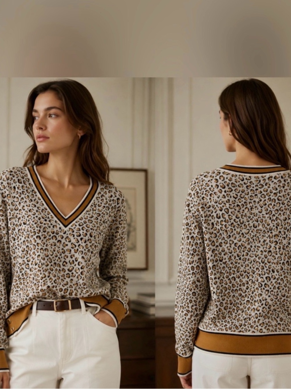 Veronica Beard Cream and Tan Leopard V-Neck Sweater